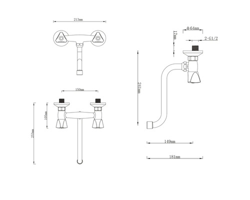 Technische Zeichnung eines Wasserhahns mit Maßangaben.