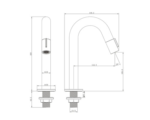 Zeichnung eines Wasserhahns mit Maßangaben