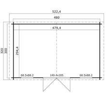 Grundrisszeichnung eines Gartenhauses mit Maßangaben