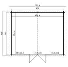 Grundrisszeichnung eines Gartenhauses mit Maßangaben.