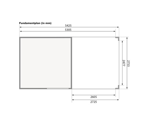 Fundamentplan mit Maßangaben in Millimetern