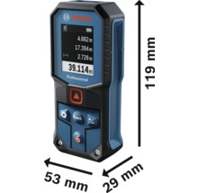 Bosch Professional Entfernungsmesser mit den Maßen 119 mm Höhe, 53 mm Breite und 29 mm Tiefe.