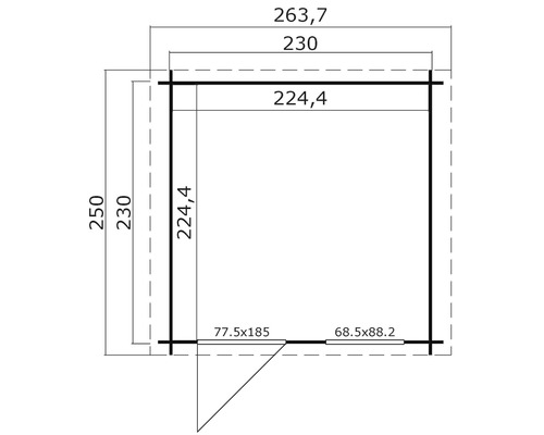Grundrisszeichnung eines Gartenhauses mit Maßangaben für Wände, Tür und Fenster