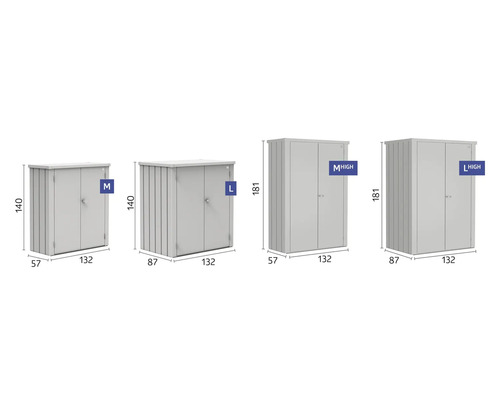 Abbildung verschiedener Gartenschränke in den Größen M, L, M High und L High mit Maßangaben