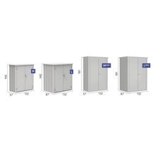 Verschiedene Größen von Geräteboxen aus Metall mit Tür und Größenangaben.