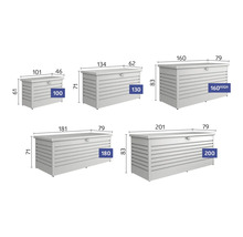 Gartenboxen in verschiedenen Größen mit Maßangaben