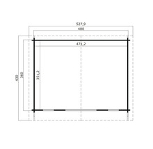Grundrisszeichnung eines Gartenhauses mit Maßangaben
