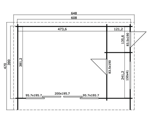 Technische Zeichnung mit Maßangaben für ein Gartenhaus