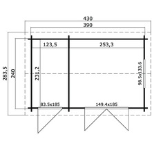 Grundrisszeichnung eines Gartenhauses mit Maßangaben