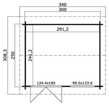 Grundrisszeichnung eines Gartenhauses mit Maßangaben