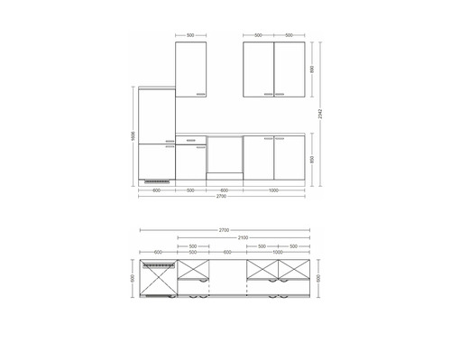 Skizze einer Küchenzeile mit Maßen.
