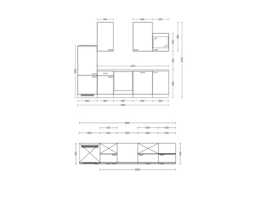 Technische Zeichnung einer Küche mit Maßen.