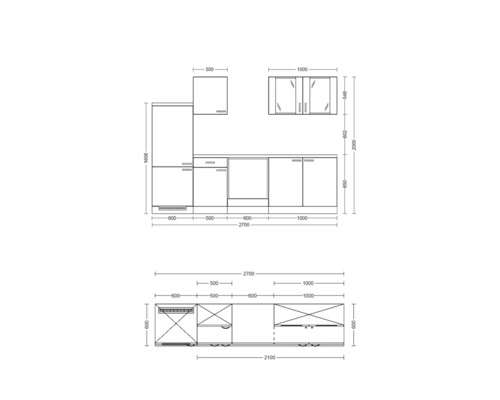 Skizze einer Küchenzeile mit Maßen.