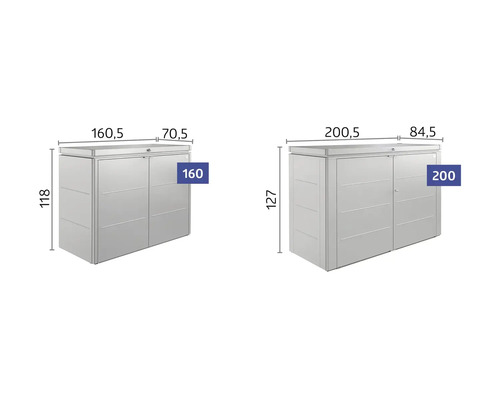 Abbildung von zwei Geräteschränken in verschiedenen Größen mit Maßangaben