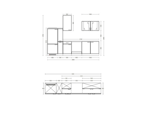 Skizze einer Küchenzeile mit Maßen