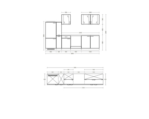 Skizze einer Küche mit Maßangaben für die Küchenplanung