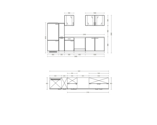 Maßzeichnung einer Küchenzeile mit Unterschränken, Arbeitsplatte und Hängeschränken mit Maßen