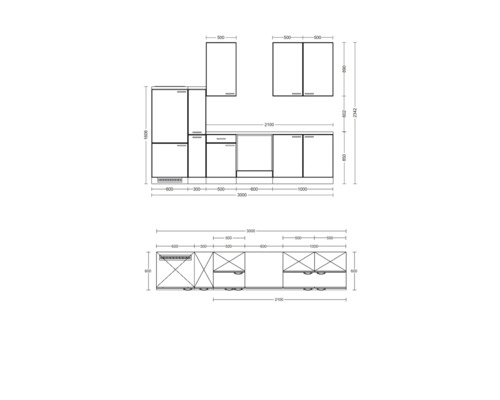 Skizze einer Küchenzeile mit Maßen für die Planung