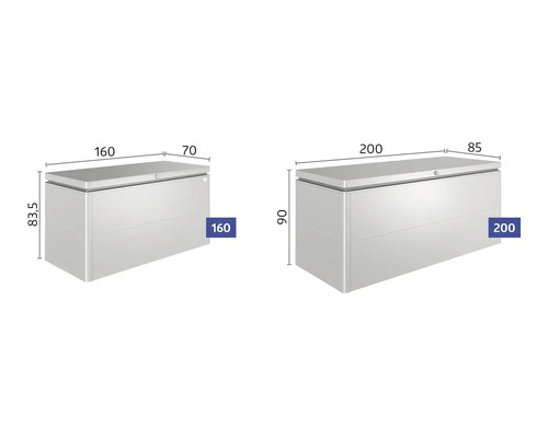 Abbildung von zwei Aufbewahrungsboxen unterschiedlicher Größe mit Maßangaben