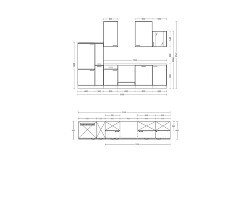 Technische Zeichnung einer Küchenzeile mit Maßen.