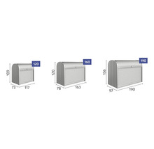 Drei Rollcontainer mit verschiedenen Größenangaben.