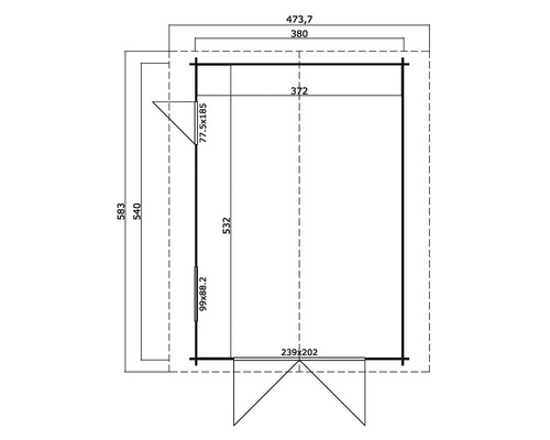 Grundrisszeichnung eines Gartenhauses mit Maßangaben