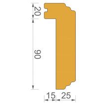 Abbildung einer Holzleiste mit den Maßen 90 x 20 mm und einer Breite von 15 bis 25 mm