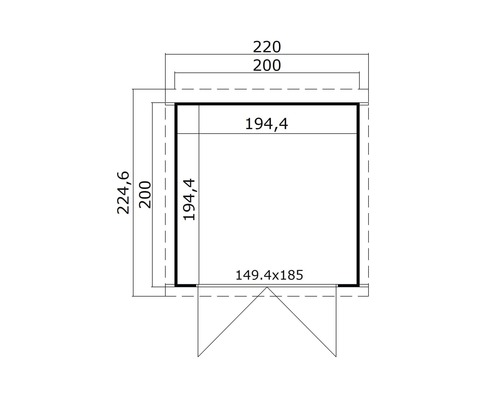 Grundrisszeichnung eines Gartenhauses mit den Maßen 224,6 mal 220 Zentimeter.