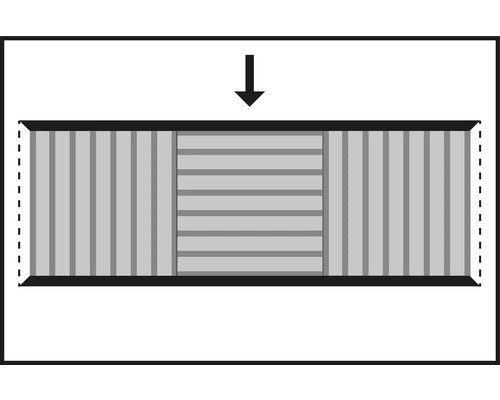 Darstellung eines Schiebetürsystems mit vertikalen und horizontalen Lamellen sowie einem Pfeil nach unten.