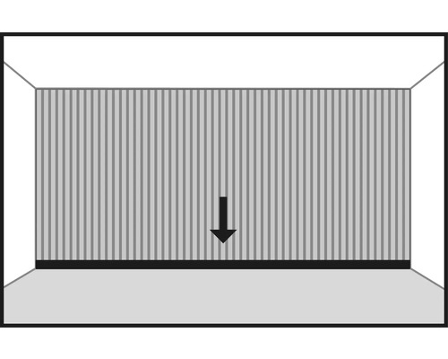 Raumdarstellung mit vertikal gestreifter Wand und Pfeil nach unten