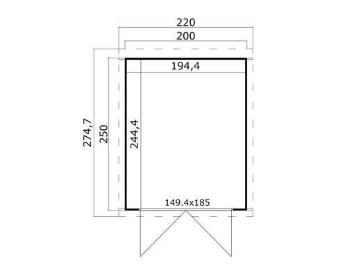 Grundrisszeichnung eines Gartenhauses mit Maßangaben