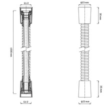 Technische Zeichnung eines Siphon-Verlängerungsrohrs mit den Maßen 1500 mm Länge und G1/2 Anschluss