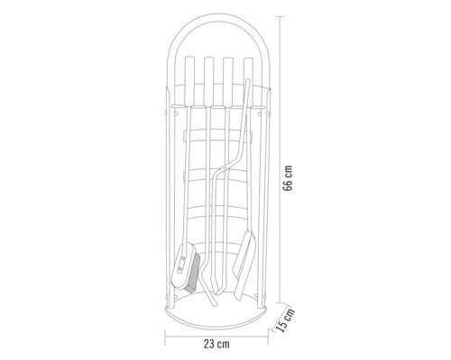 Abmessungen eines Kaminbesteckständers mit Zubehör, Höhe 66 Zentimeter, Breite 23 Zentimeter, Tiefe 15 Zentimeter