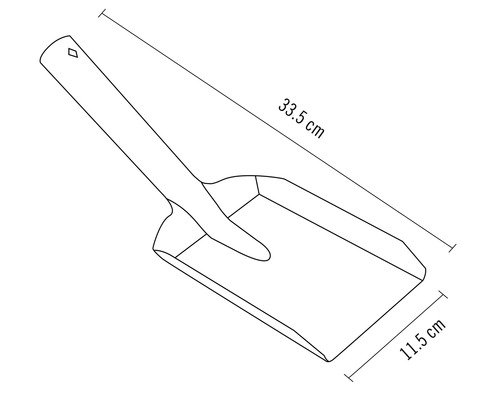 Skizze einer Pflanzschaufel mit den Maßen 33,5 cm Länge und 11,5 cm Breite