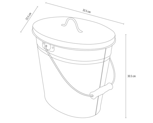 Skizze eines Metalleimers mit Deckel und Größenangaben.