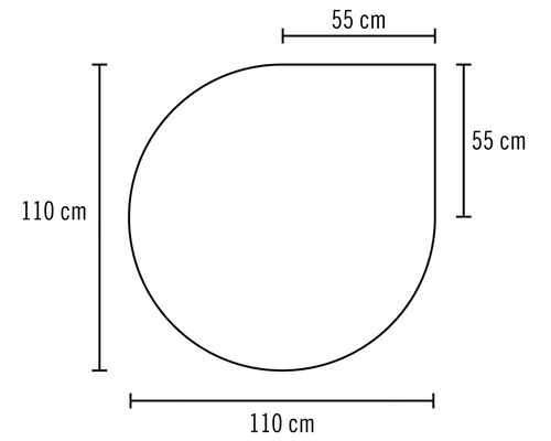 Technische Zeichnung eines Duschbeckens mit den Maßen 110 mal 55 Zentimeter