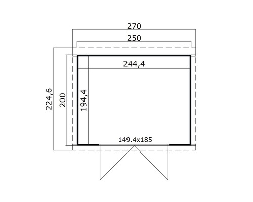 Technische Zeichnung eines Gartenhauses mit Maßangaben