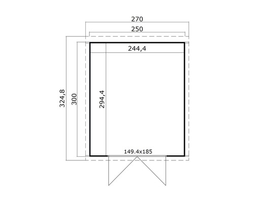 Grundrisszeichnung eines Gartenhauses mit Maßangaben.