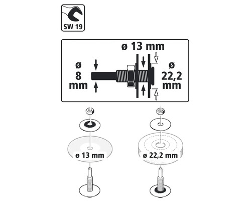 Technische Zeichnung eines Befestigungssystems mit Angaben zu Schlüsselweite und Durchmesser