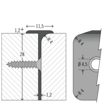 Technische Zeichnung eines T-Profils mit Schraube und Abmessungen