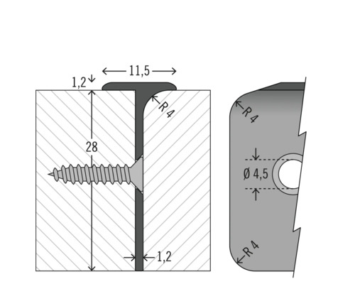 Technische Zeichnung eines T-Profils mit Schraube und Abmessungen