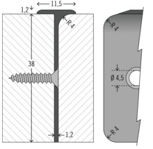 Technische Zeichnung eines T-Profils mit Maßen und Schraubenbefestigung