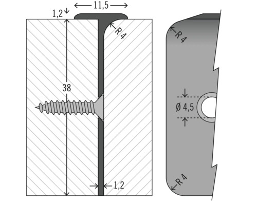 Technische Zeichnung eines T-Profils mit Maßen und Schraubenbefestigung