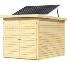 Holzgartenhaus mit Doppeltür und Solaranlage auf dem Dach