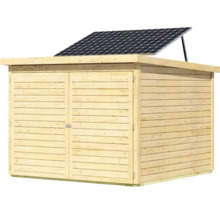 Holzgartenhaus mit Solarmodul auf dem Dach
