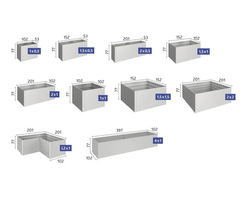 Übersicht verschiedener Pflanzkasten-Größen mit Maßangaben.