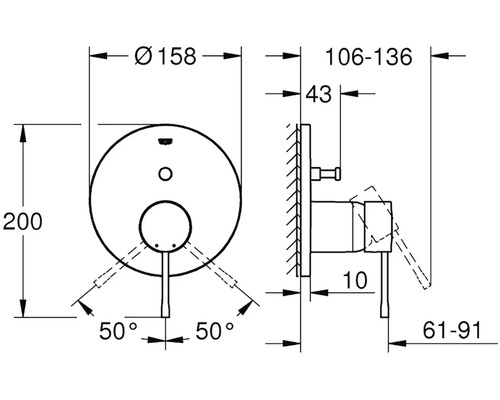 Technische Zeichnung einer Armatur mit Maßangaben