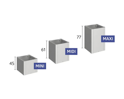Blumenkasten in drei Größen: Mini, Midi und Maxi mit Maßangaben.