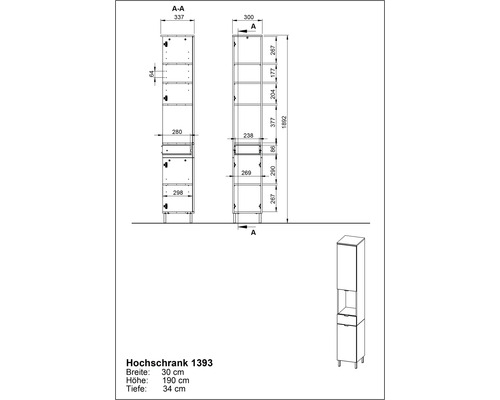 Technische Zeichnung eines Hochschranks mit Maßangaben