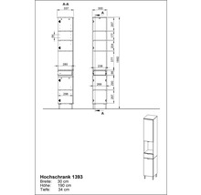 Technische Zeichnung eines Hochschranks mit Maßangaben